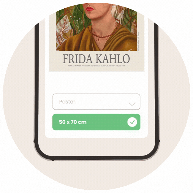 Smartphone with an AR preview of a Frida Kahlo poster and size selection