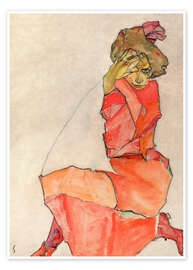 Wall art print Kneeling woman in red dress - Egon Schiele