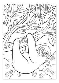 Colouring poster Sloth hanging from a branch