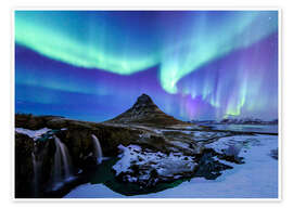 Wall art print Northern lights over the mountain Kirkjufell