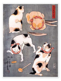 Wall art print Four cats adopting different feline postures - Utagawa Kuniyoshi