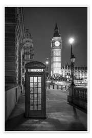 Wall art print London phone booth and Big Ben, black and white - Jan Christopher Becke