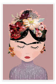 Wall art print Frida with wreath of flowers, pastel pink - treechild