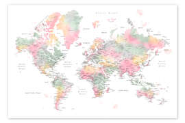 Wall art print Pastel Watercolor World Map With Cities - Rosana Laiz Blursbyai