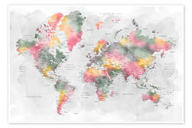 Poster Watercolor World Map With Cities - Rosana Laiz Blursbyai