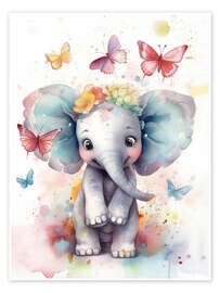 Wall art print Cute Baby Elephant with Butterflies - Dolphins DreamDesign