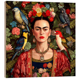Wood print Frida Kahlo with Exotic Birds - Mark Ashkenazi
