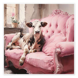 Wall art print Cute Cow on Pink Couch - Ryley Gray