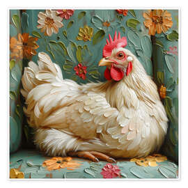 Wall art print Cute chicken on vintage sofa - DejaReve