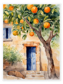 Wall art print Orange tree in front of natural stone house - Ohkimiko