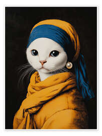 Wall art print Cat with white pearl - DejaReve