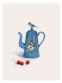 Wall art print Blue kettle with birds - CatsAndDotz