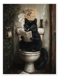 Wall art print Smoking black cat reading newspaper on toilet - Olga Telnova