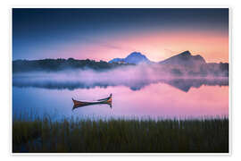 Wall art print Lake with canoe in Lofoten during sunset - Lucas Tiefenthaler