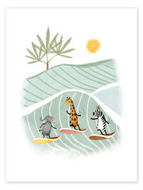 Wall art print Elephant, giraffe and zebra surfing - Urchin Bay