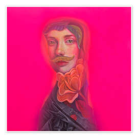 Wall art print Androgynous Portrait with Mustache and Flower on Neon Pink - Natasha Lelenco