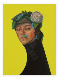 Wall art print Portrait with Peony Crown, Bird, and Caterpillar - Natasha Lelenco