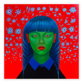 Wall art print Green-Skinned Girl with Blue Braids, Red Floral Background - Natasha Lelenco