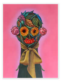 Wall art print Surreal Floral Mask of Sunflowers, Roses and Gerbera - Natasha Lelenco
