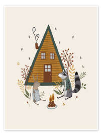 Wall art print Cozy campfire with rabbit and raccoon - Urchin Bay