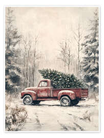 Wall art print Red vintage truck with Christmas tree - TAlex
