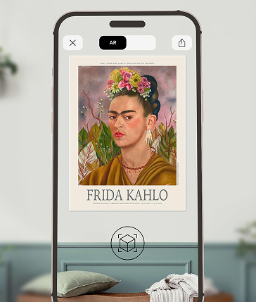 Smartphone displaying an AR preview of a Frida Kahlo poster in a living room