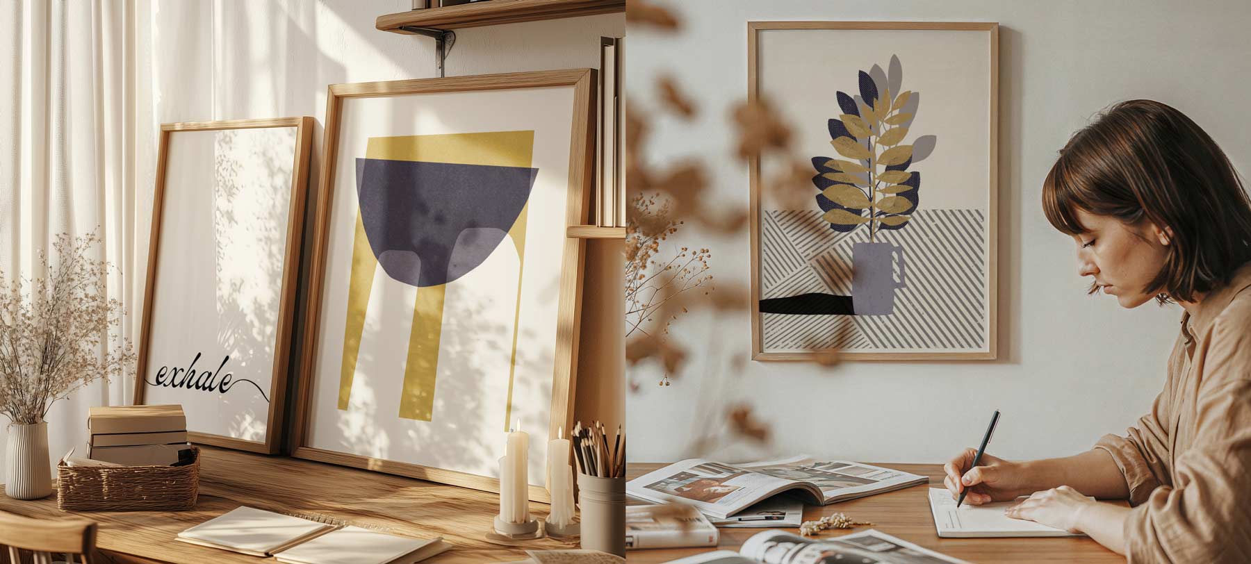 Modern workspace with decorative art