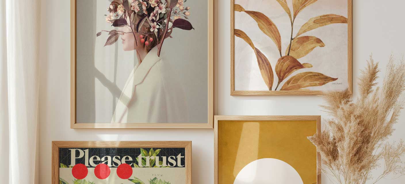 Bright room with several framed prints on the wall