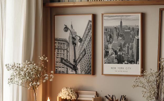 Desk with New York wall art prints