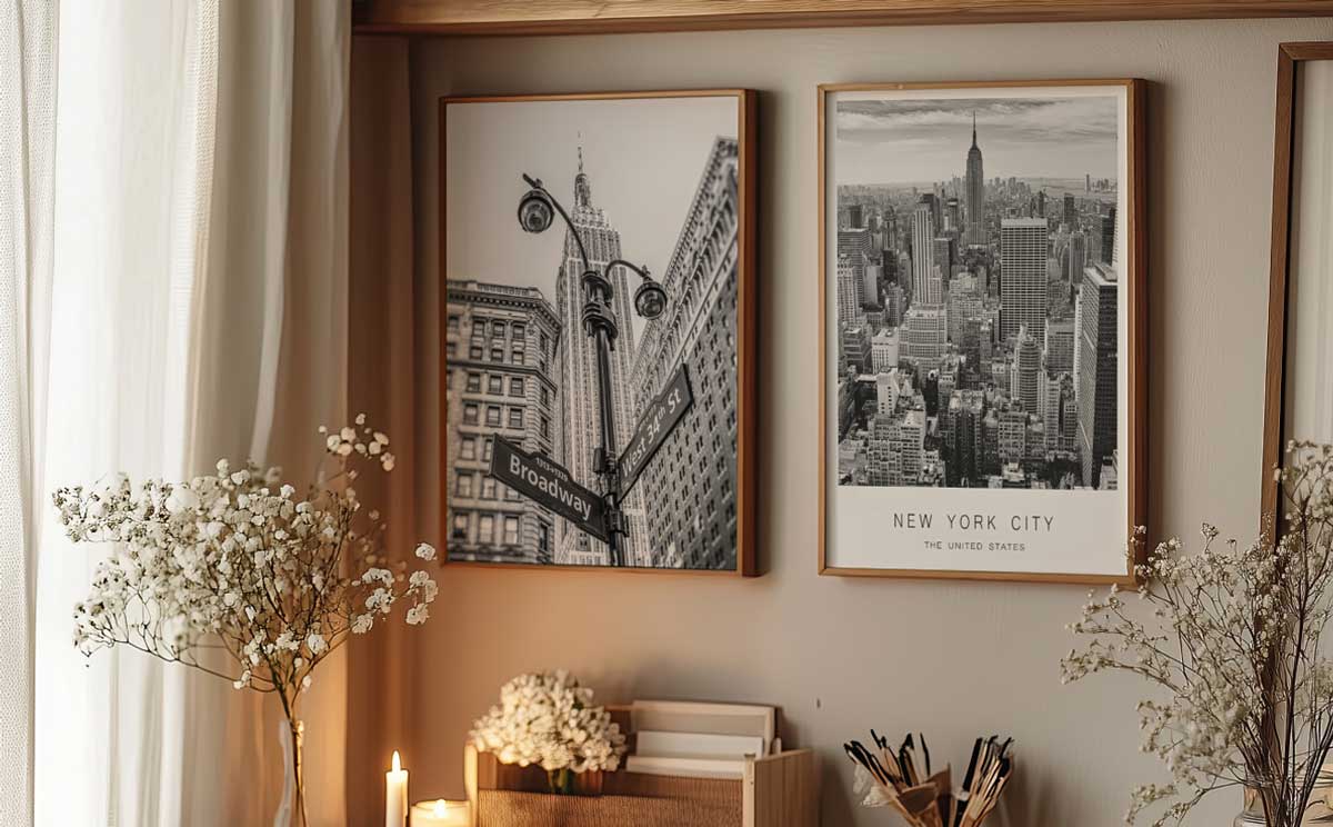 Desk with New York wall art prints