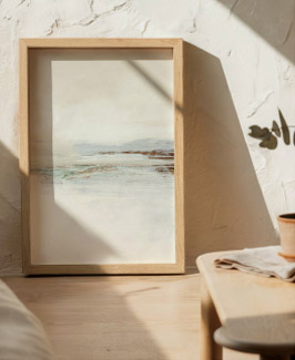Gentle wall art glowing in sunlight beside wooden table