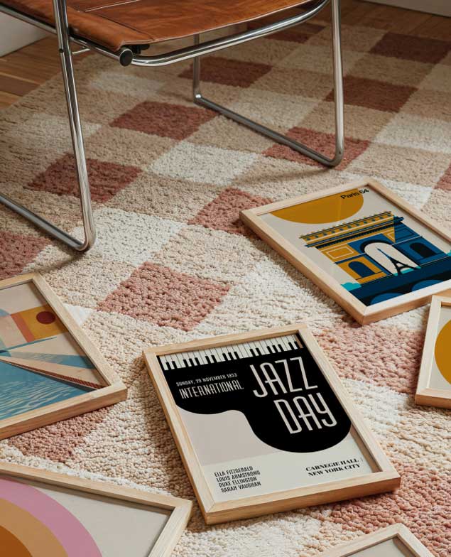 Framed art prints on carpet next to a chair