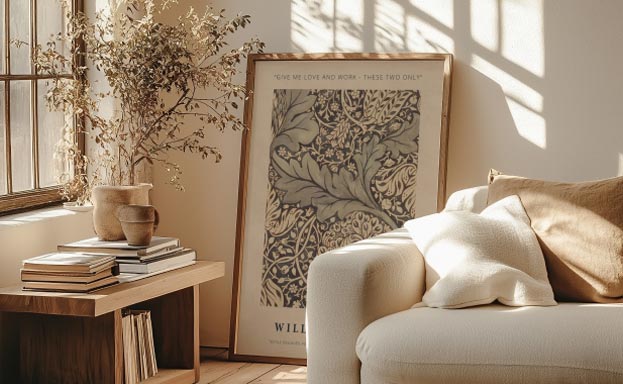 Cosy reading corner with William Morris poster and nature decorations