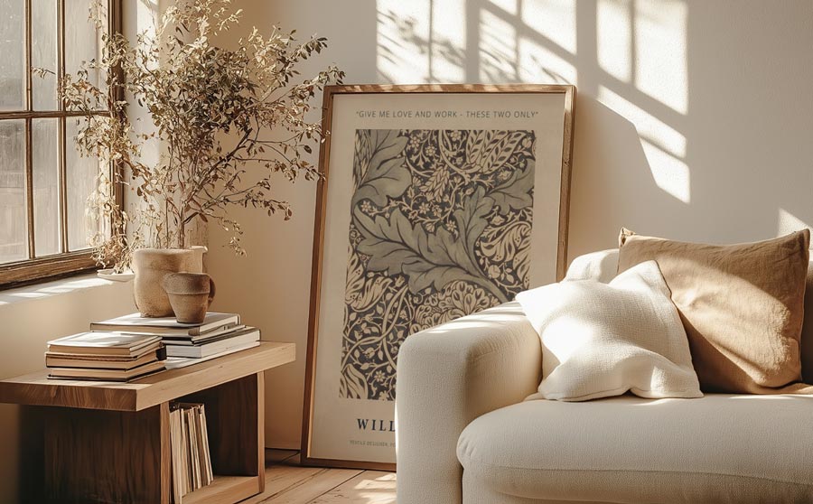 Cosy reading corner with William Morris poster and nature decorations