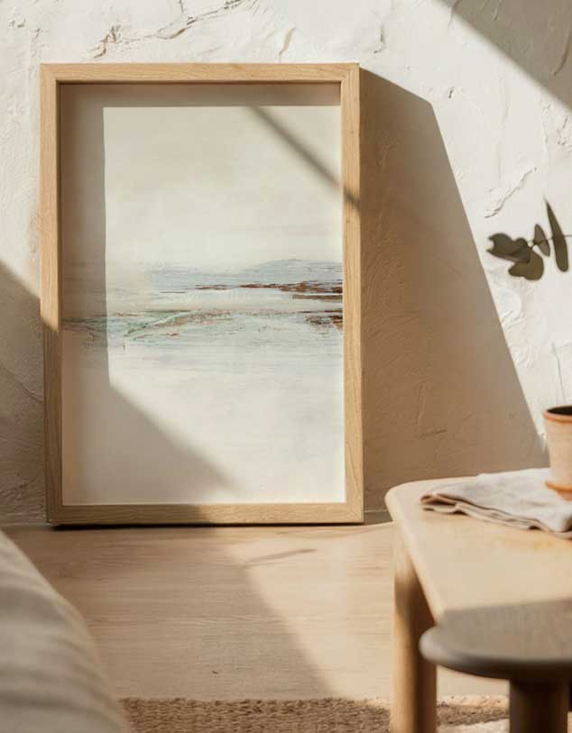 Gentle wall art glowing in sunlight beside wooden table