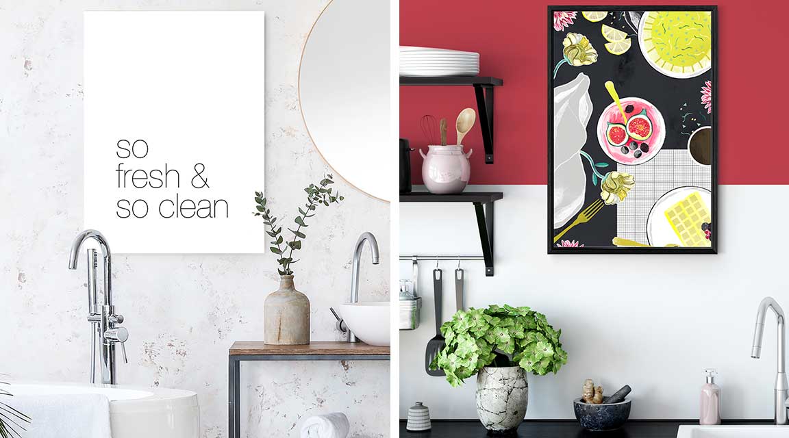 Wall decoration with foam board prints for the kitchen and the bathroom