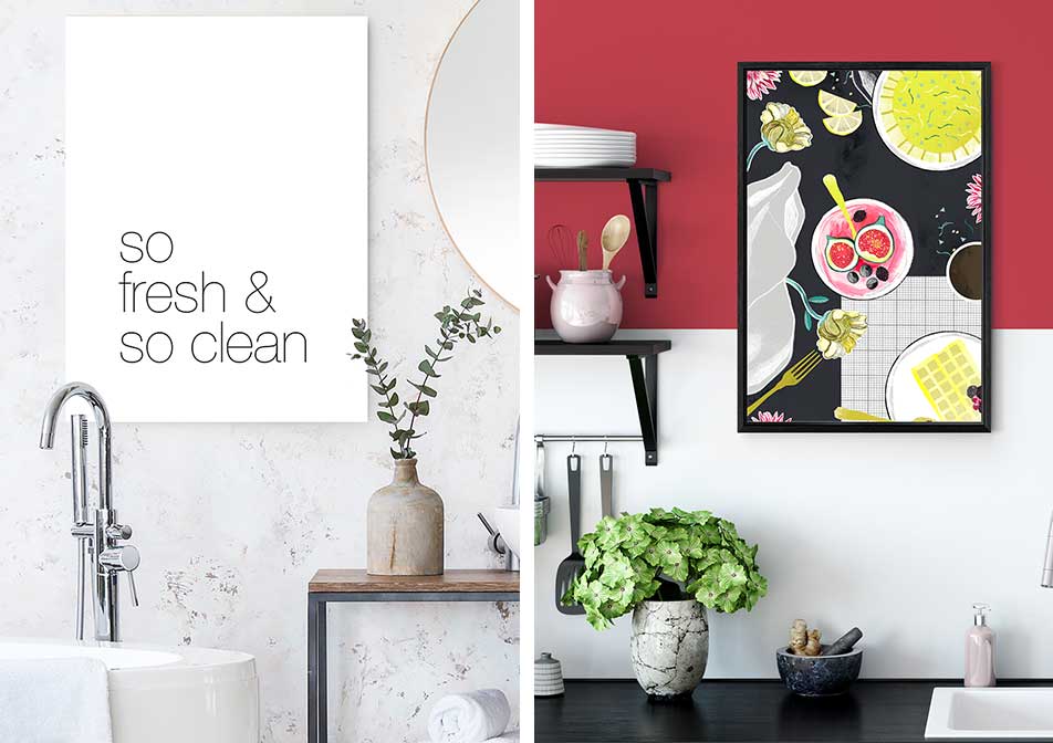 Wall decoration with foam board prints for the kitchen and the bathroom
