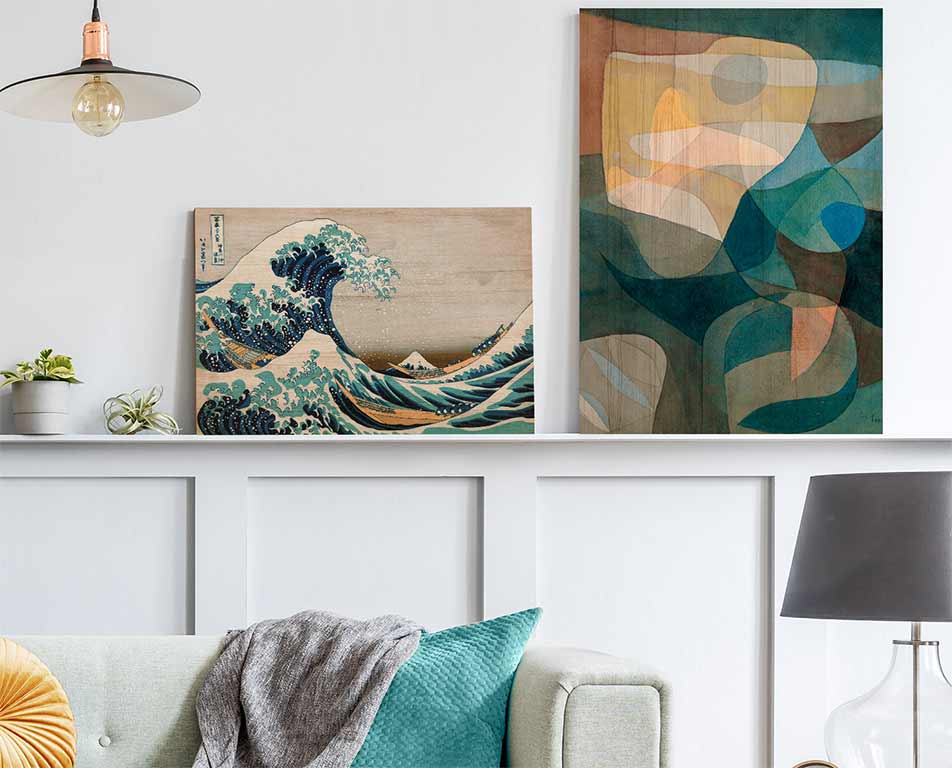 Living room decorated with wood prints