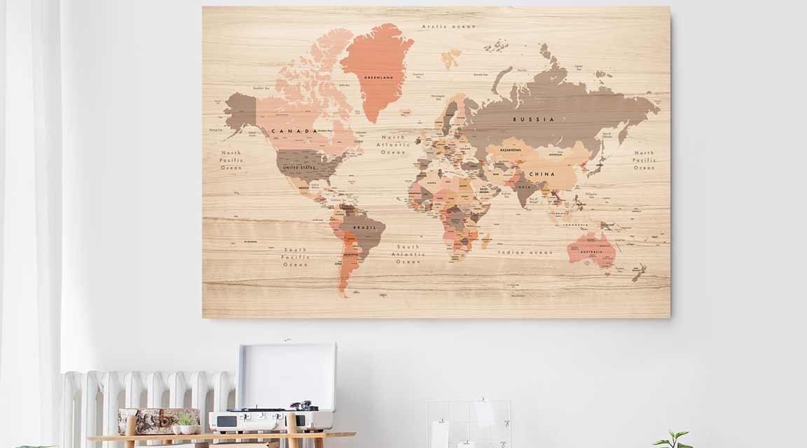 Extra-large world map on wood
