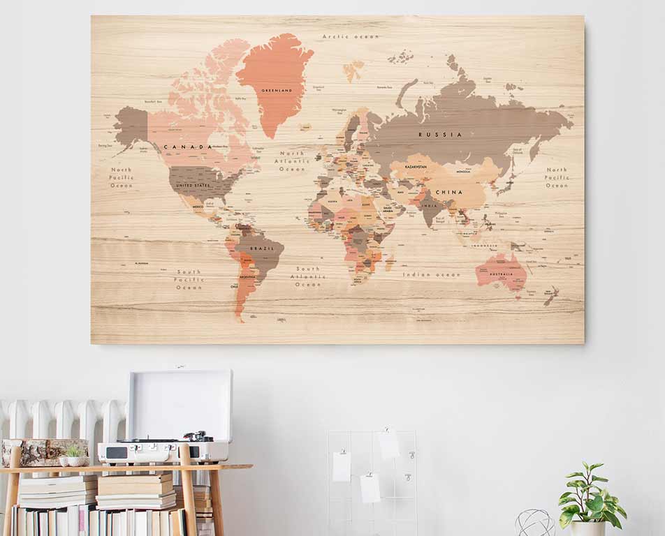Extra-large world map on wood